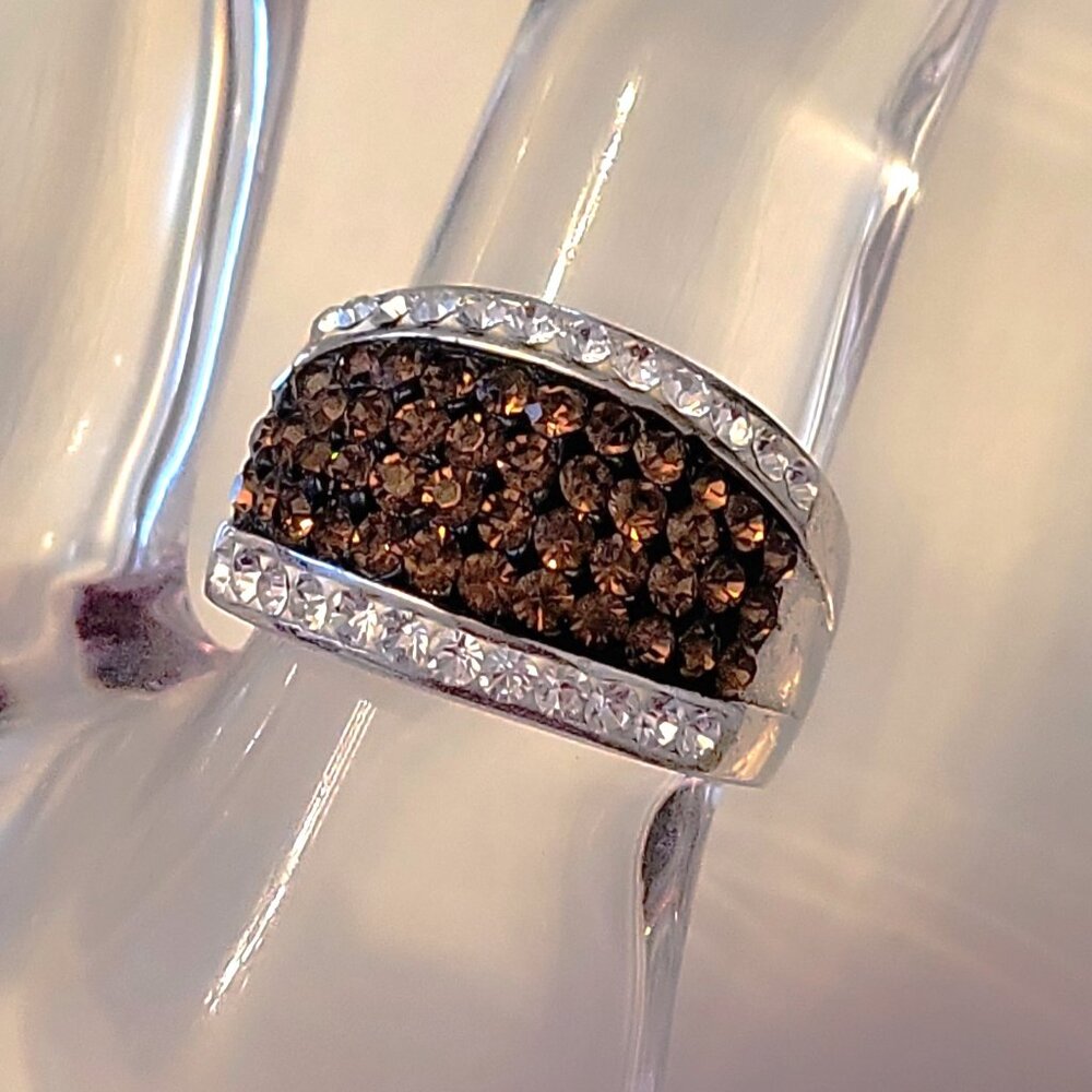 Vintage Silver Tone Brown Topaz Clear Crystal Wide Band Ring Size 7.5-8